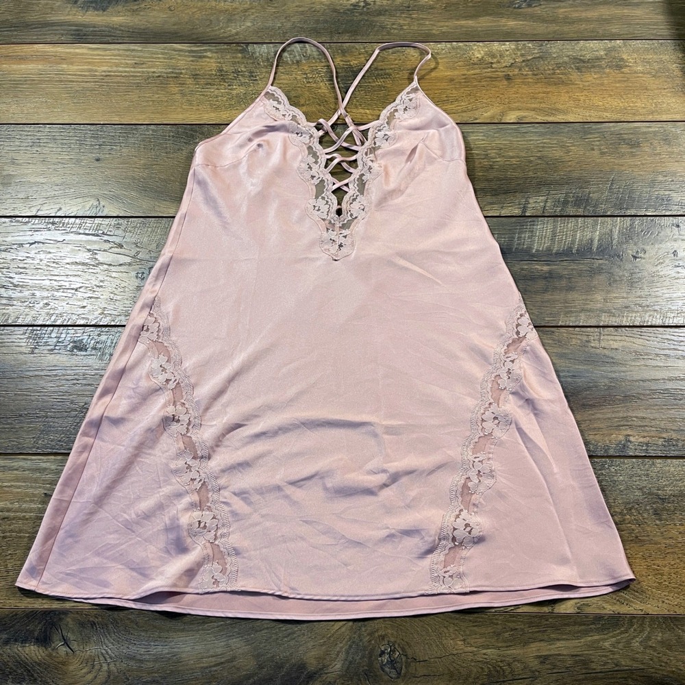 Victorias Secret Pink Satin Lace Trim Lace Up Back Slip Dress Chemise M Coquette